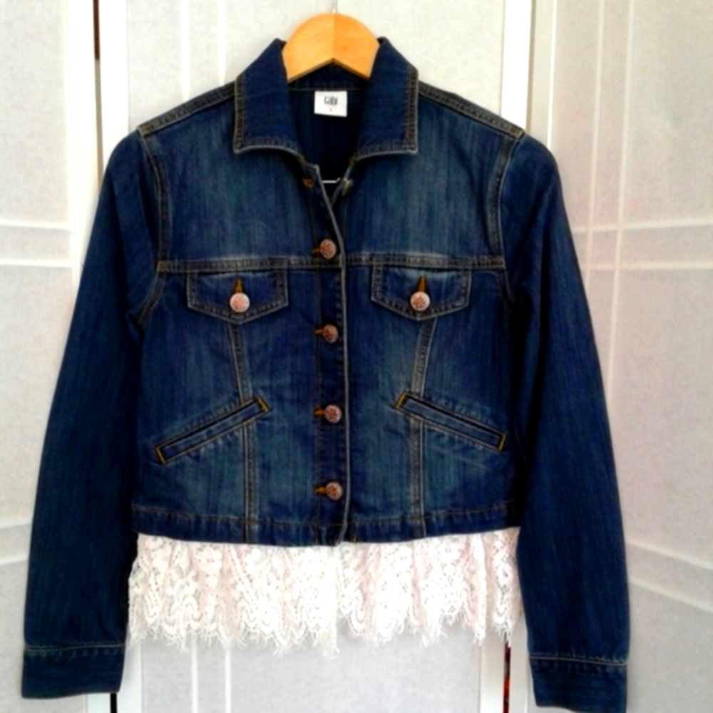 Cabi blue denim jacket with white lace